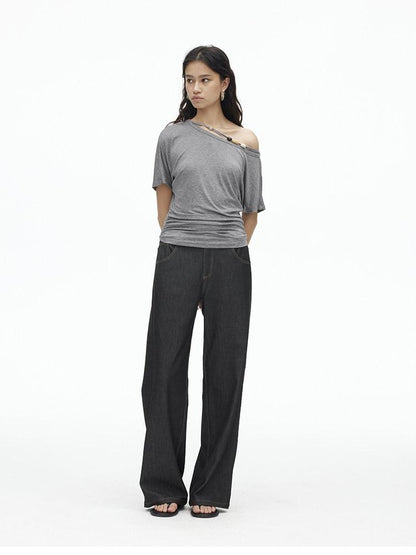 AFTADAWN Faux Denim Back Pocket Embroidery Low Waist Women&