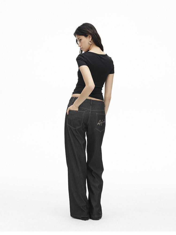 AFTADAWN Faux Denim Back Pocket Embroidery Low Waist Women&
