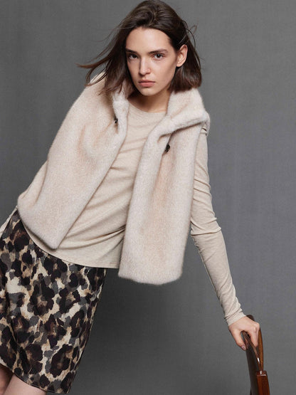 AFTADAWN Faux Fur Oversized Stand Collar Horn Button Women&