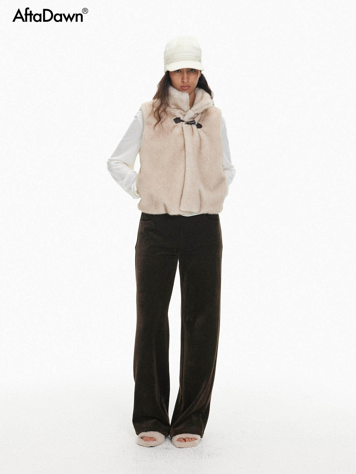 AFTADAWN Faux Fur Oversized Stand Collar Horn Button Women&