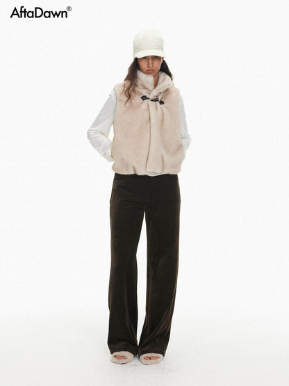 AFTADAWN Faux Fur Oversized Stand Collar Horn Button Women&