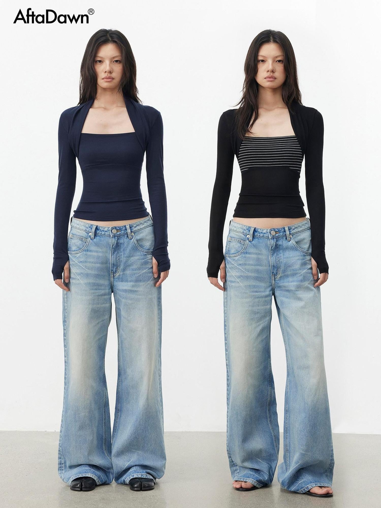 AFTADAWN Faux Layered Slim Square Neck Knit Women&