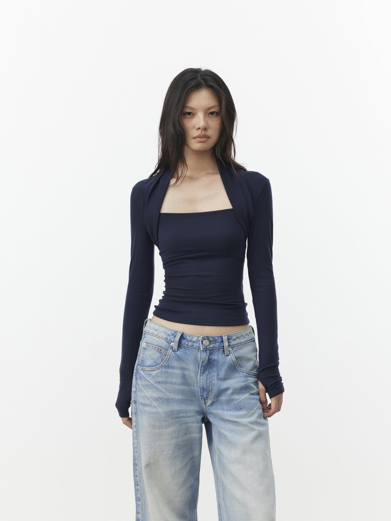 AFTADAWN Faux Layered Slim Square Neck Knit Women&