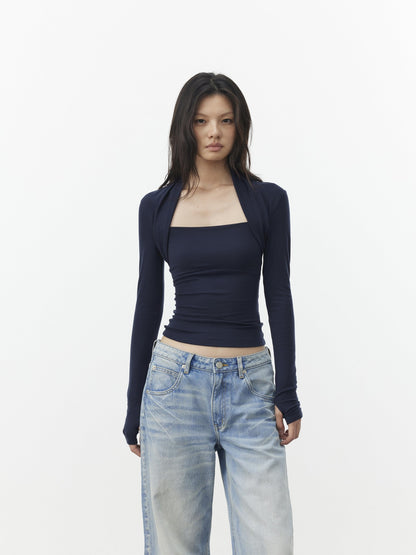 AFTADAWN Faux Layered Slim Square Neck Knit Women&