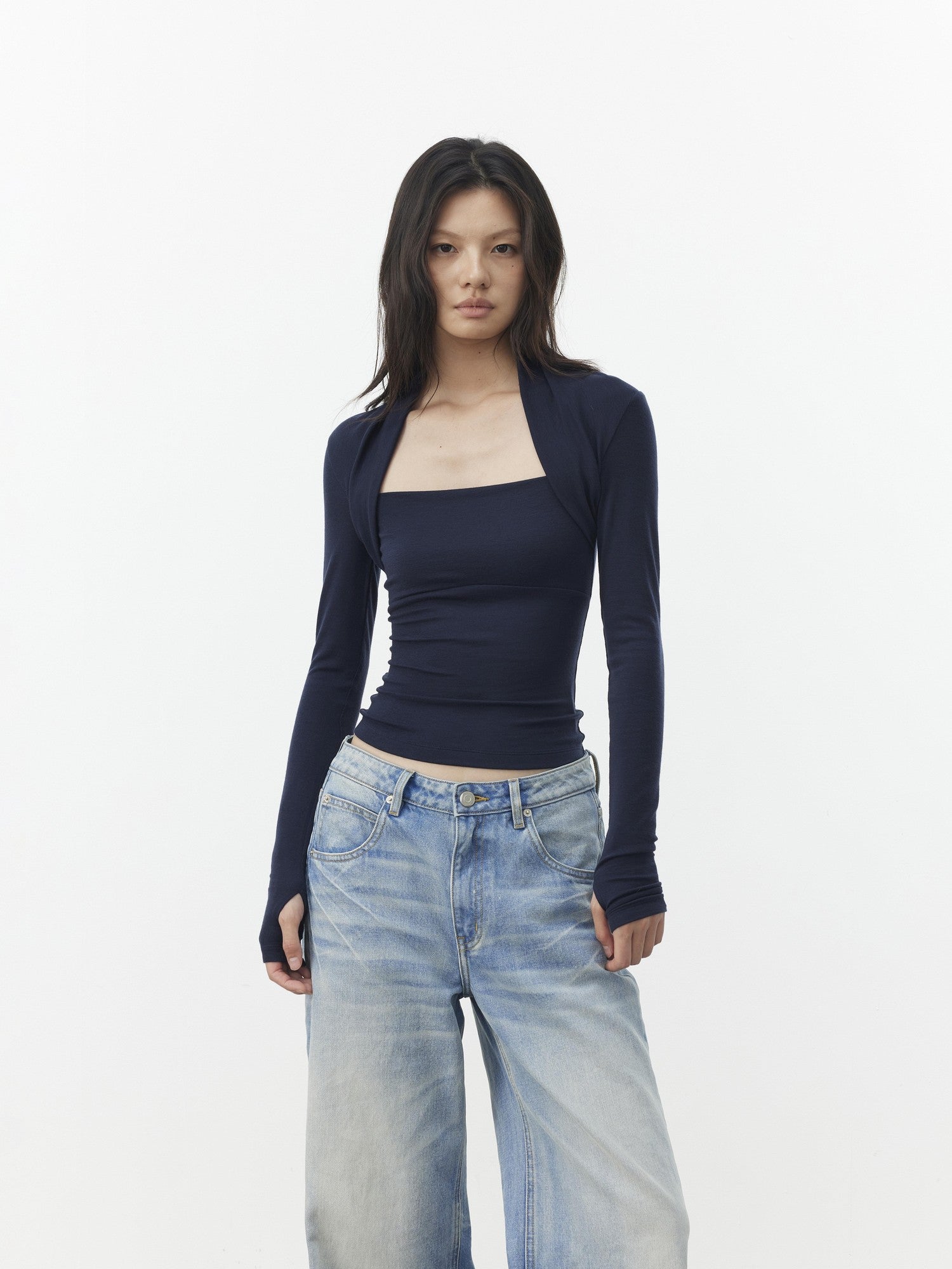 AFTADAWN Faux Layered Slim Square Neck Knit Women&