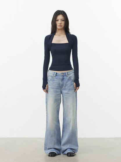 AFTADAWN Faux Layered Slim Square Neck Knit Women&