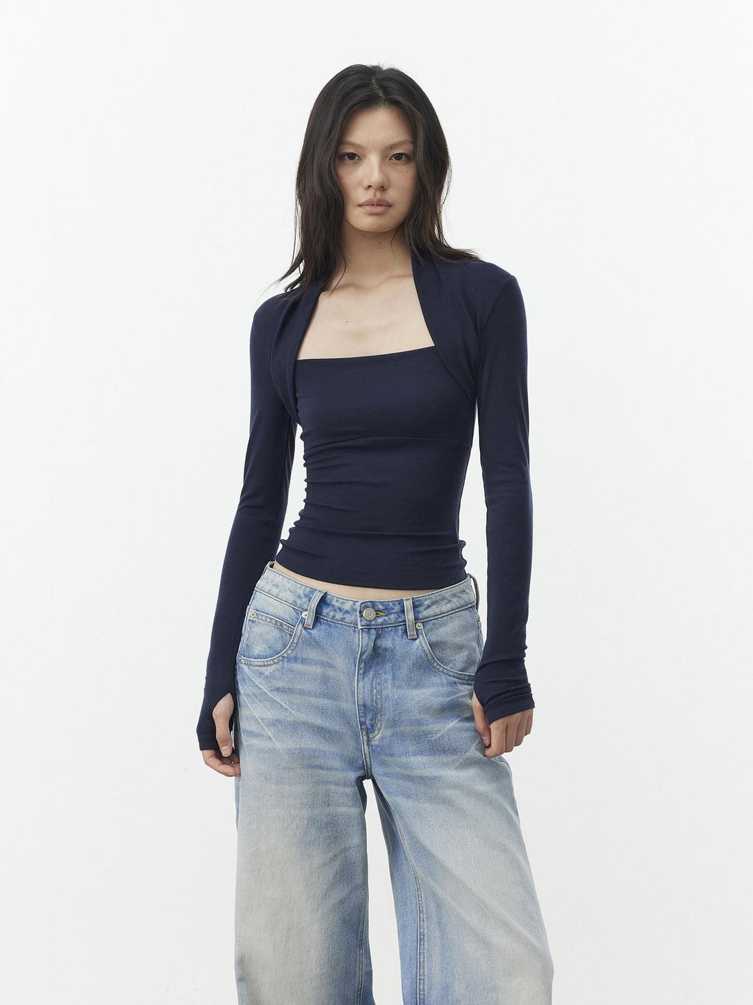 AFTADAWN Faux Layered Slim Square Neck Knit Women&