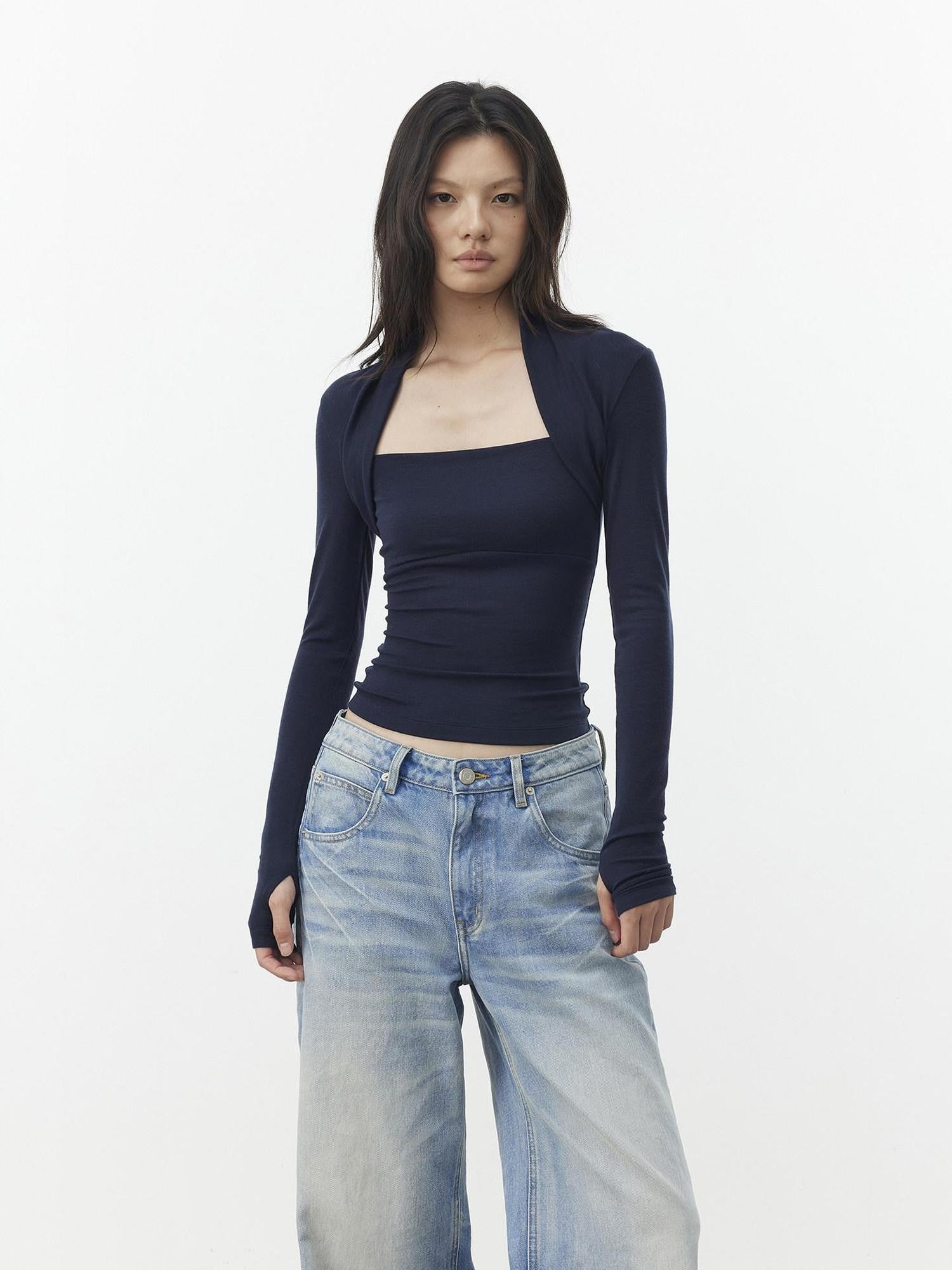 AFTADAWN Faux Layered Slim Square Neck Knit Women&