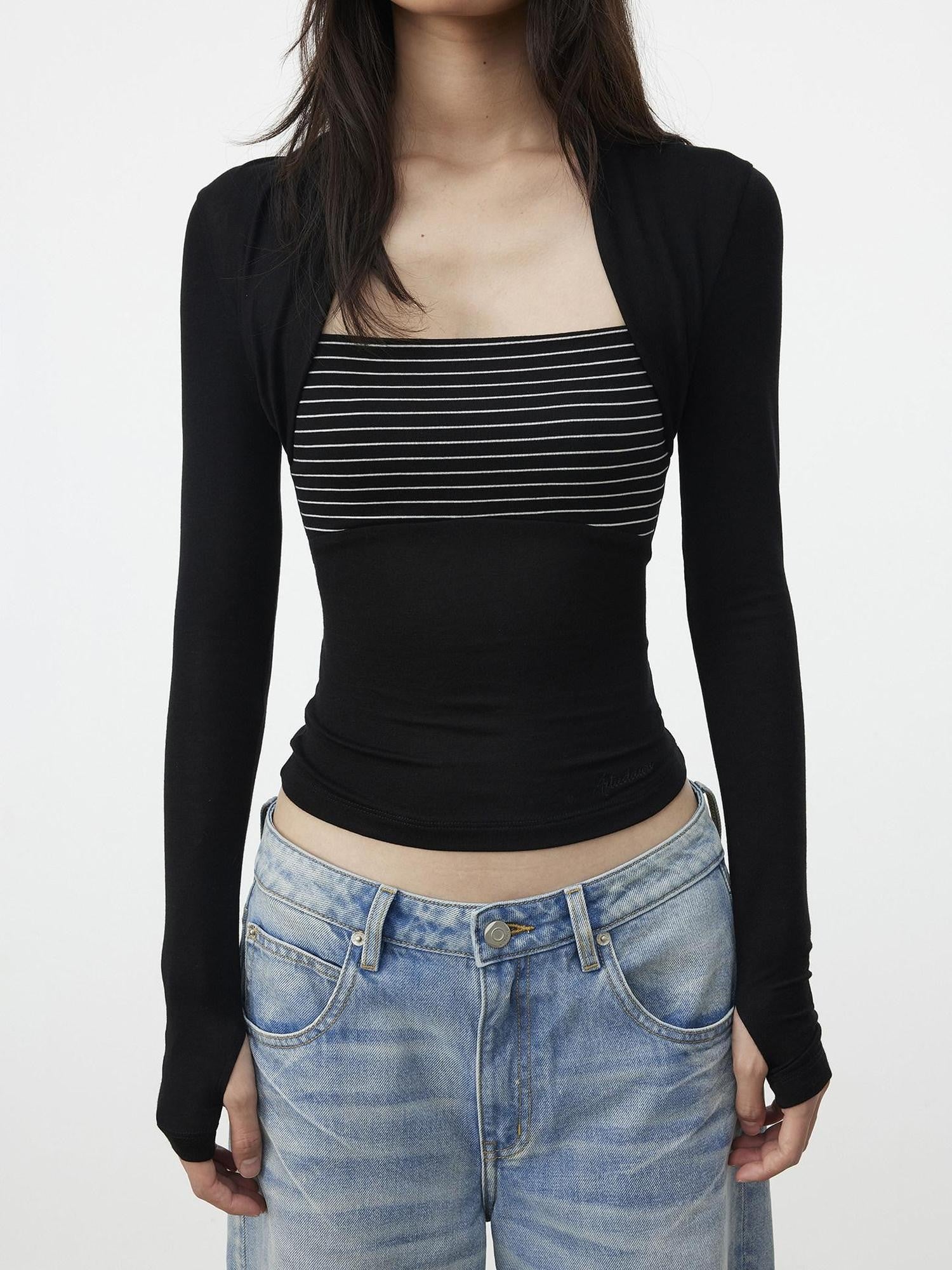 AFTADAWN Faux Layered Slim Square Neck Knit Women&