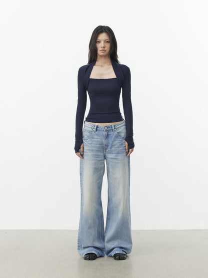 AFTADAWN Faux Layered Slim Square Neck Knit Women&