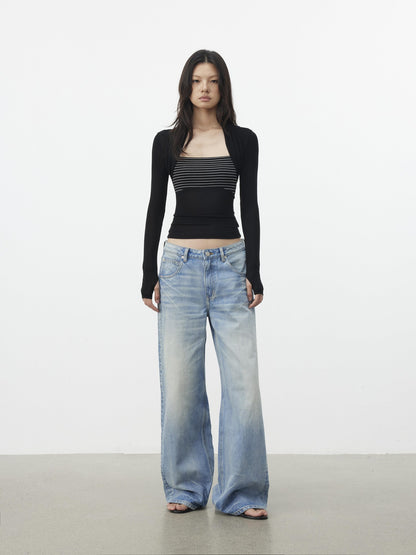 AFTADAWN Faux Layered Slim Square Neck Knit Women&