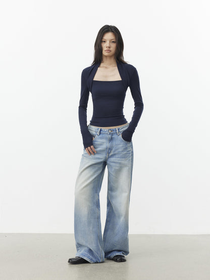 AFTADAWN Faux Layered Slim Square Neck Knit Women&