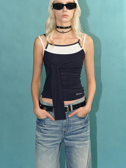 AFTADAWN Faux Two Layer Knit Camisole With Adjustable Ties And Contoured Fit
