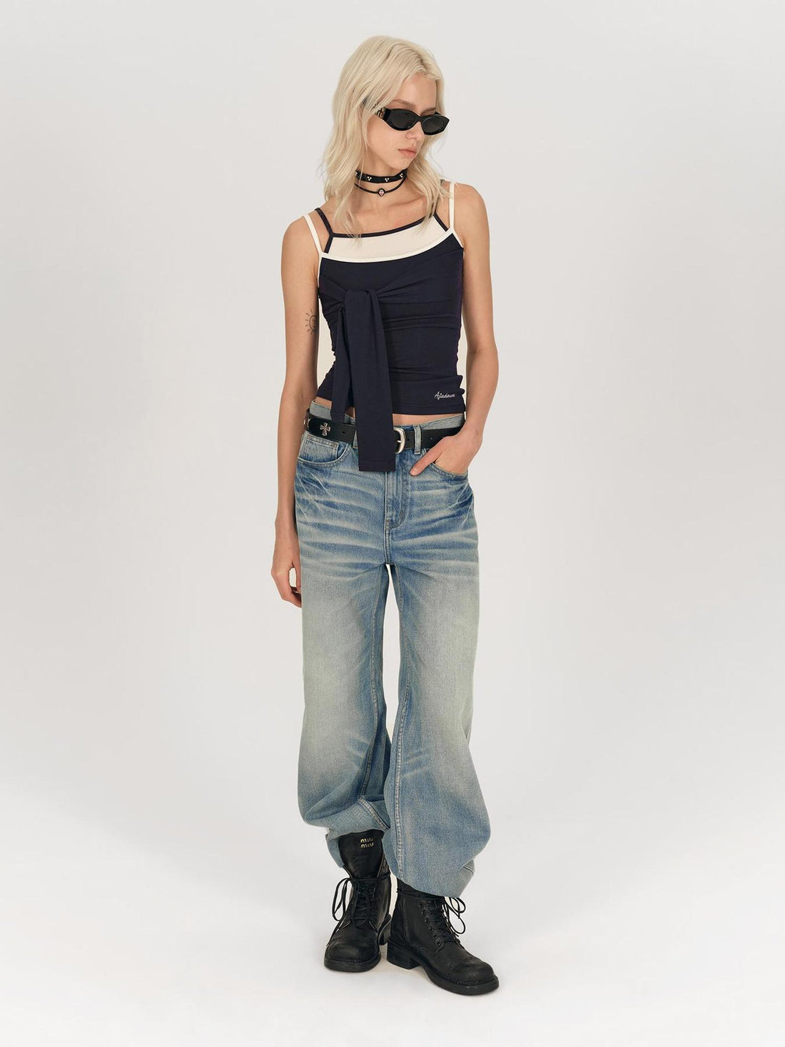 AFTADAWN Faux Two Layer Knit Camisole With Adjustable Ties And Contoured Fit