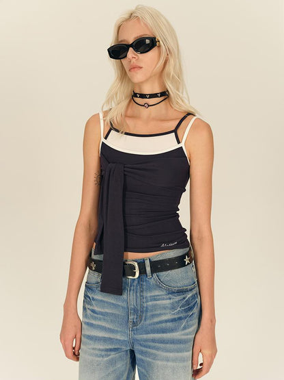 AFTADAWN Faux Two Layer Knit Camisole With Adjustable Ties And Contoured Fit