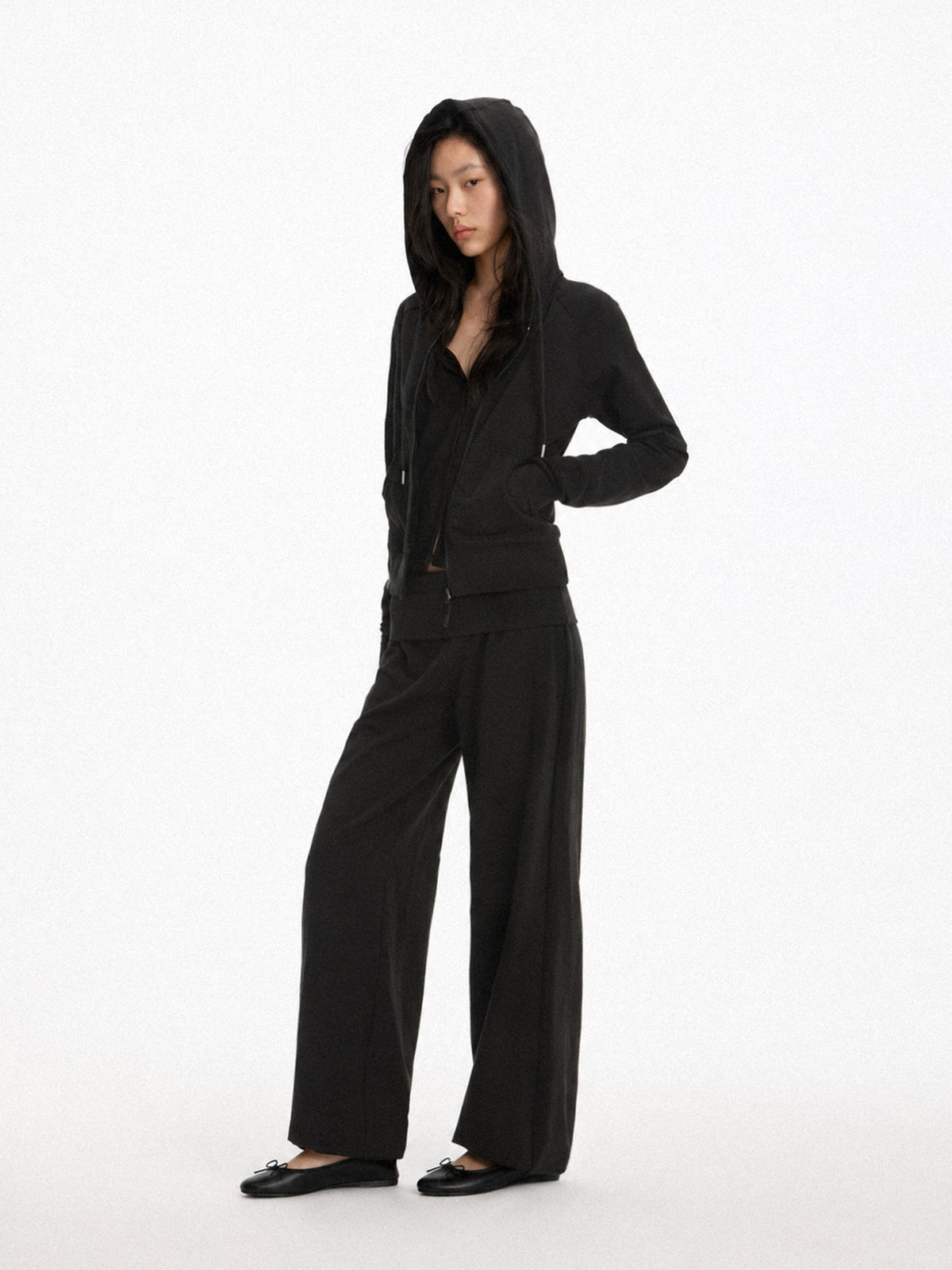 AFTADAWN Faux Two Piece Hooded Zip Up Modal Women&
