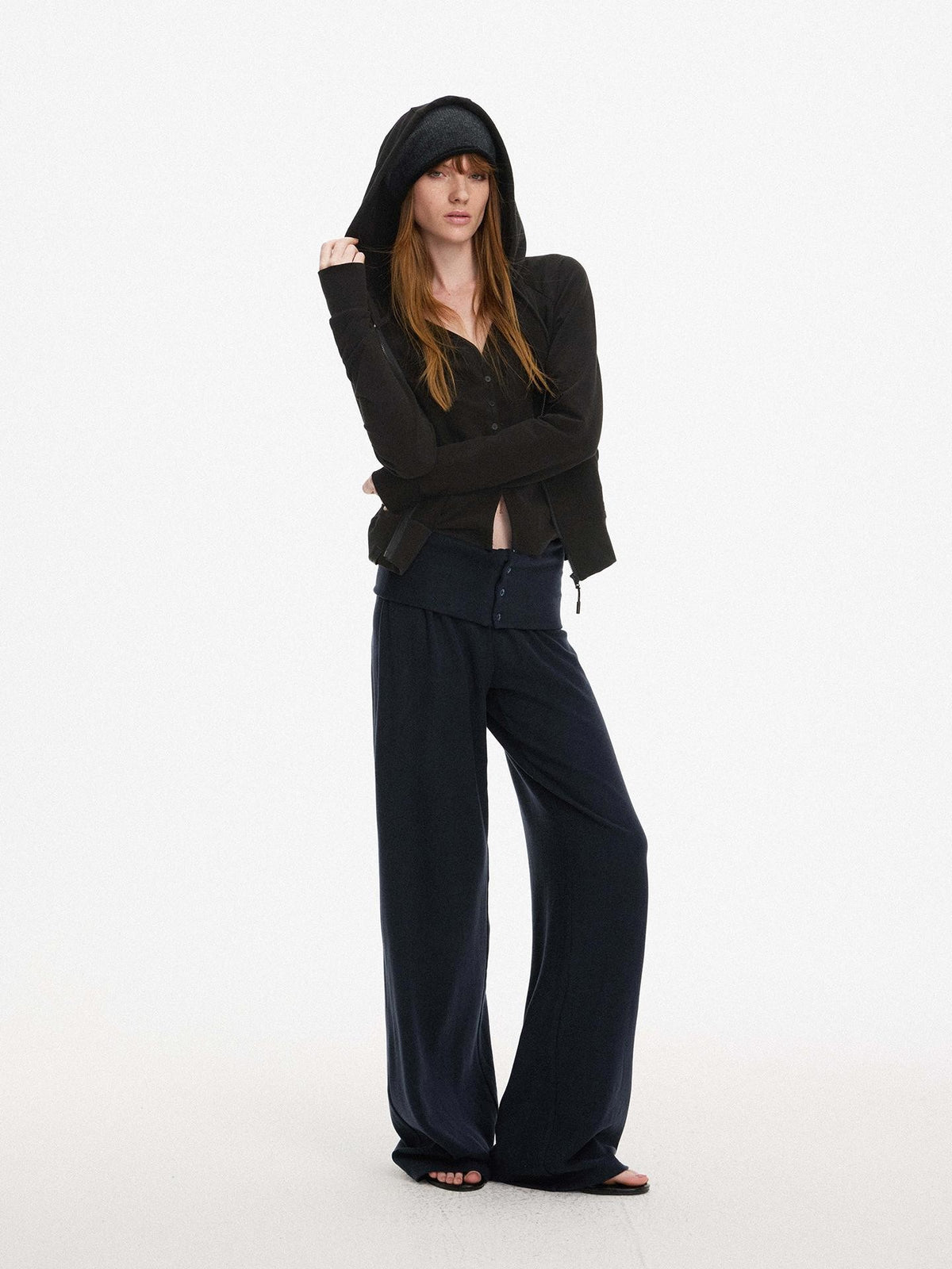 AFTADAWN Faux Two Piece Hooded Zip Up Modal Women&