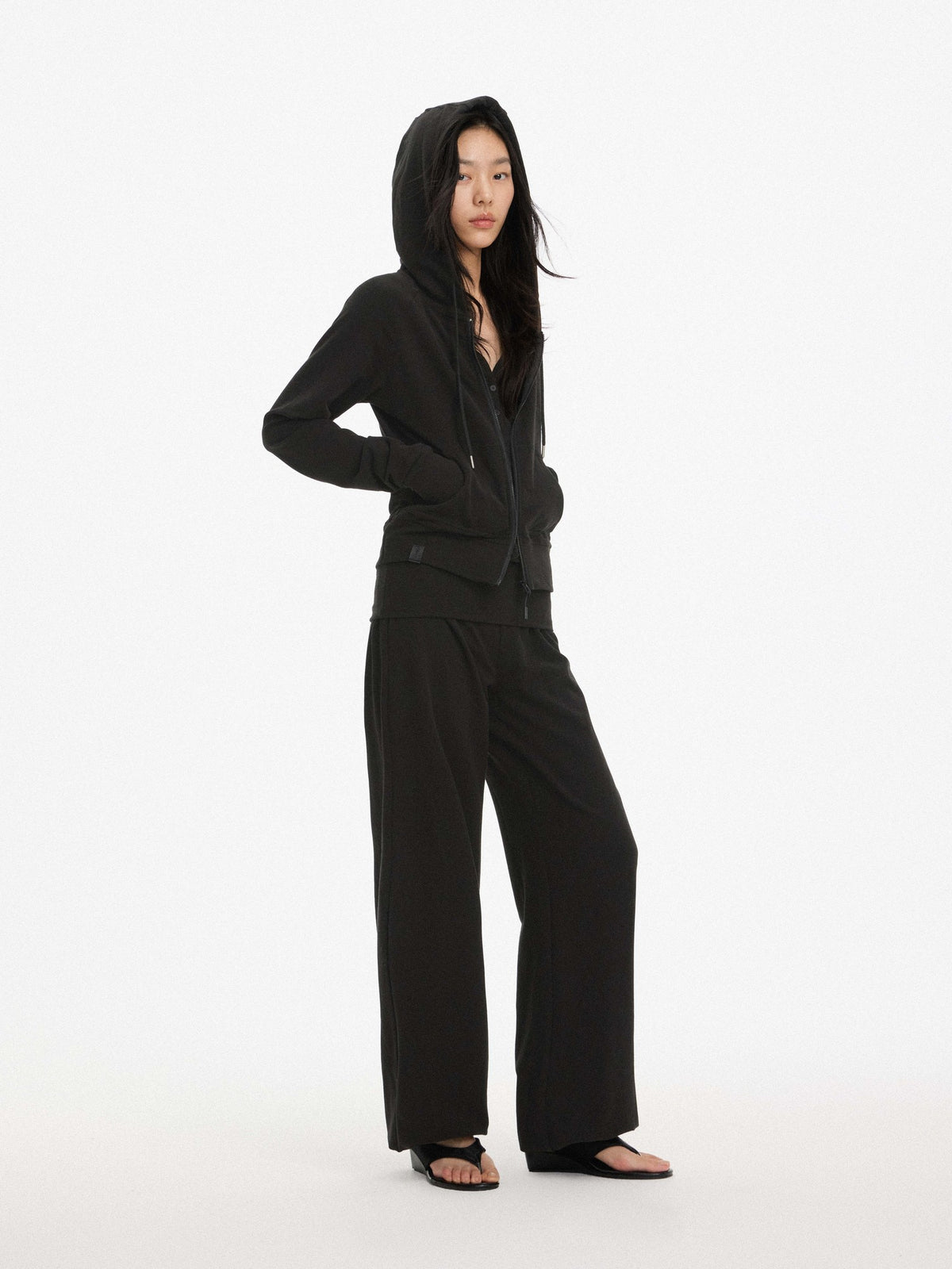AFTADAWN Faux Two Piece Hooded Zip Up Modal Women&