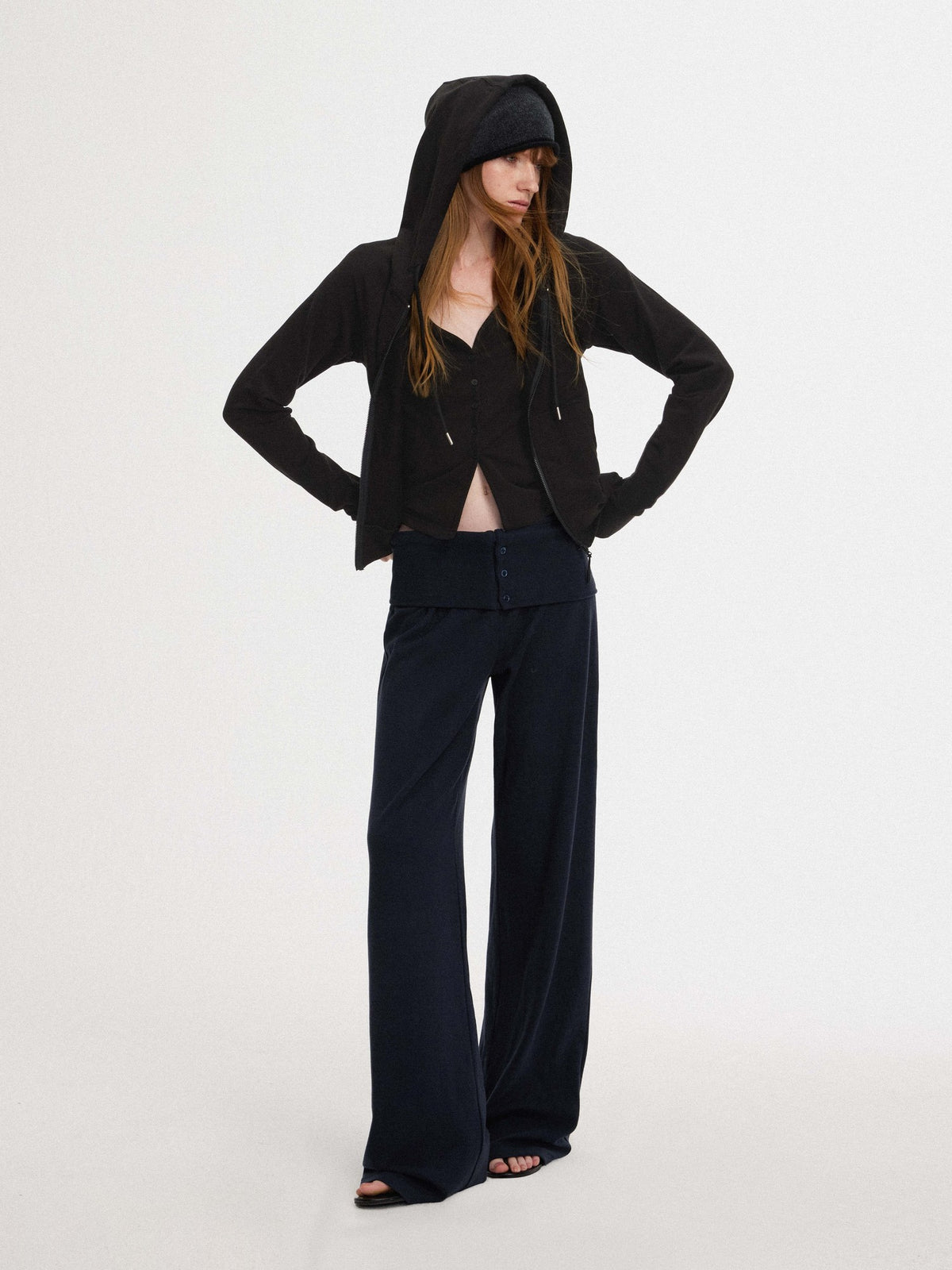 AFTADAWN Faux Two Piece Hooded Zip Up Modal Women&