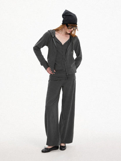 AFTADAWN Faux Two Piece Hooded Zip Up Modal Women&