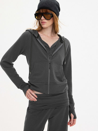 AFTADAWN Faux Two Piece Hooded Zip Up Modal Women&