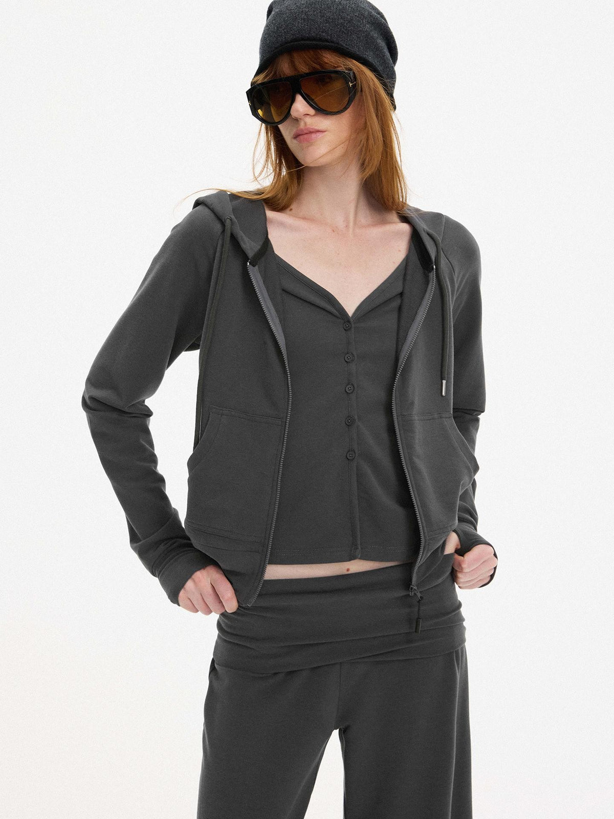 AFTADAWN Faux Two Piece Hooded Zip Up Modal Women&