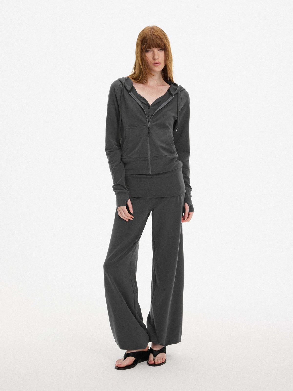AFTADAWN Faux Two Piece Hooded Zip Up Modal Women&