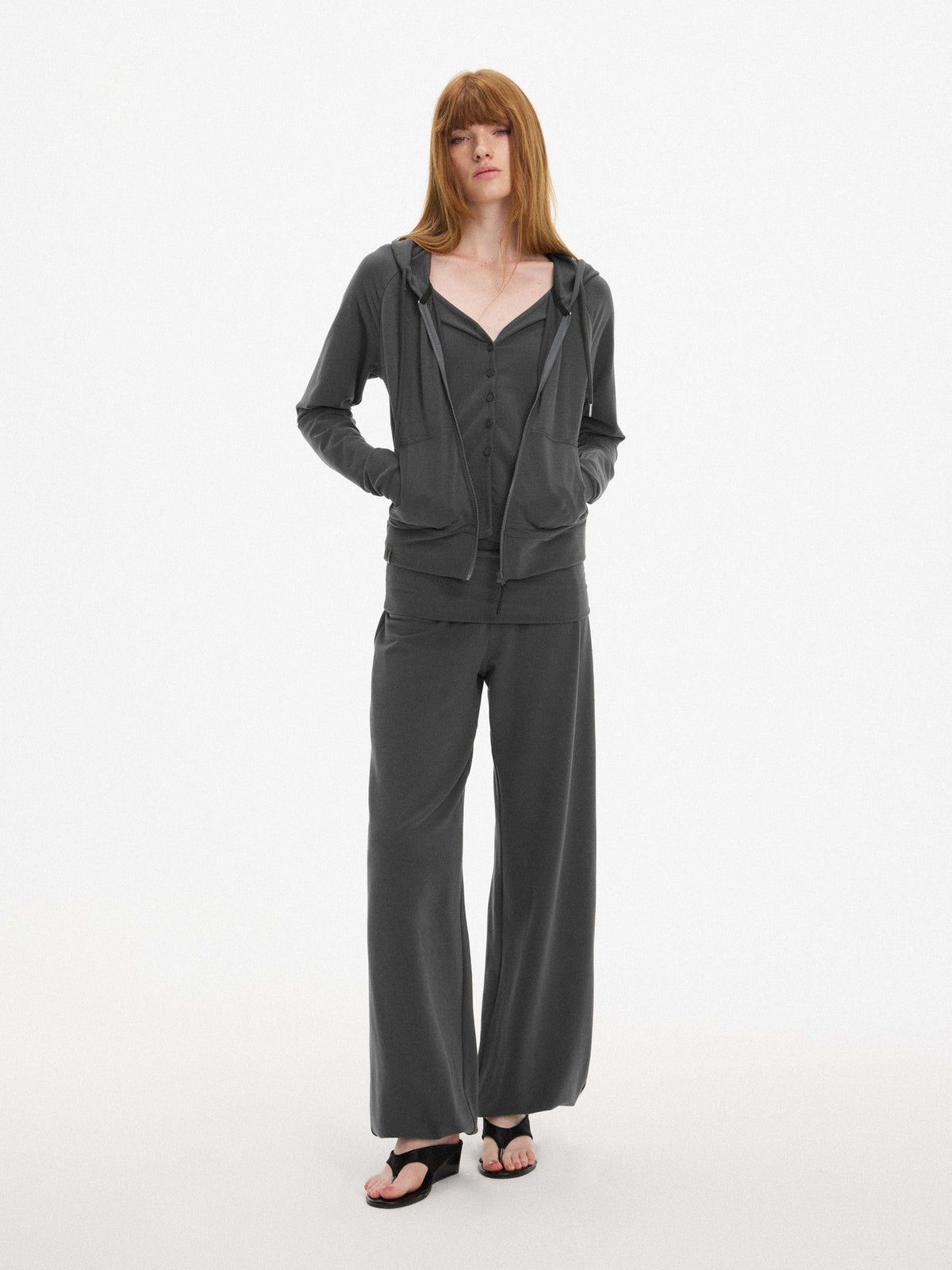 AFTADAWN Faux Two Piece Hooded Zip Up Modal Women&