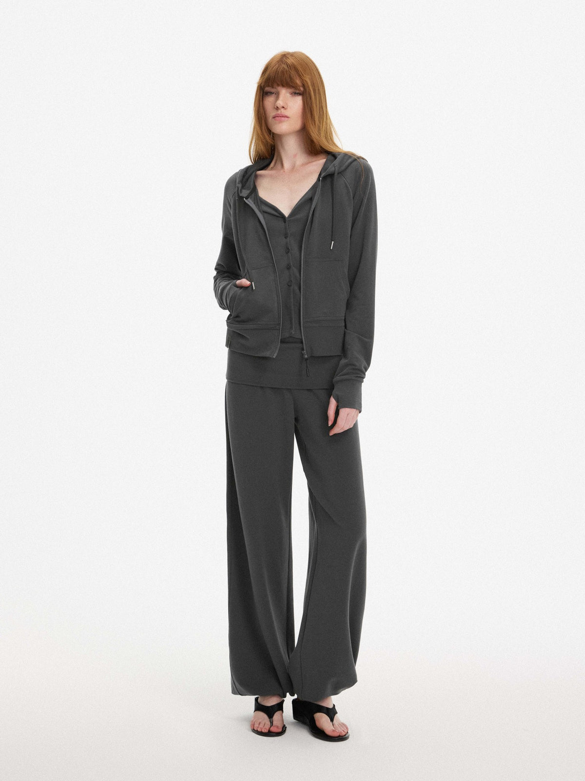 AFTADAWN Faux Two Piece Hooded Zip Up Modal Women&