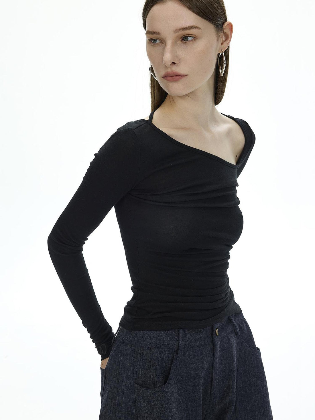 AFTADAWN Fine Merino Tencel Wool Asymmetric Neck Top