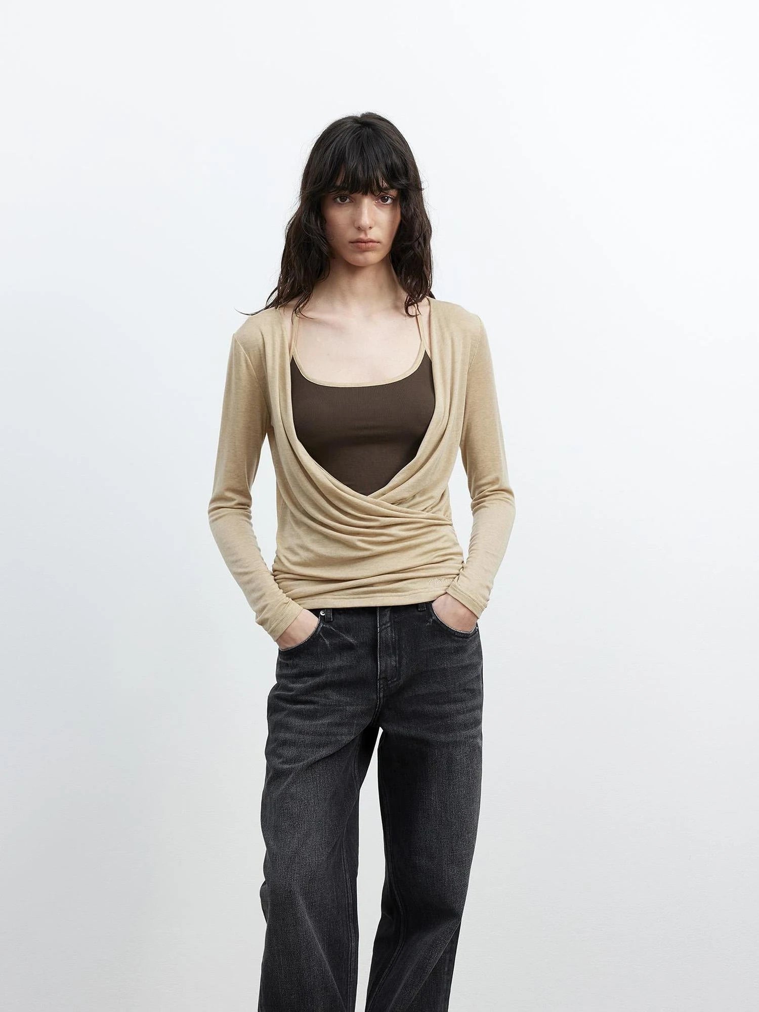 Fine Merino Wool Layered Neckline Long Sleeve Blouse
