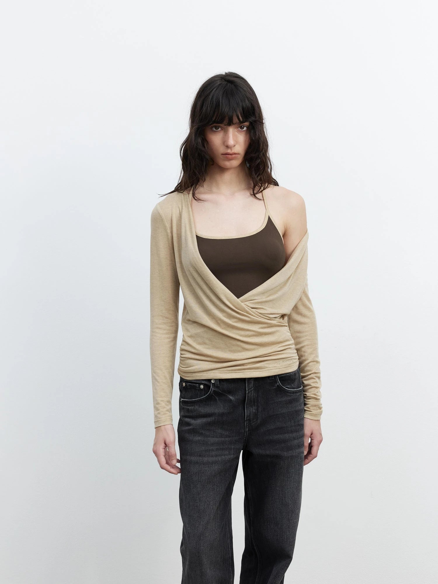 Fine Merino Wool Layered Neckline Long Sleeve Blouse