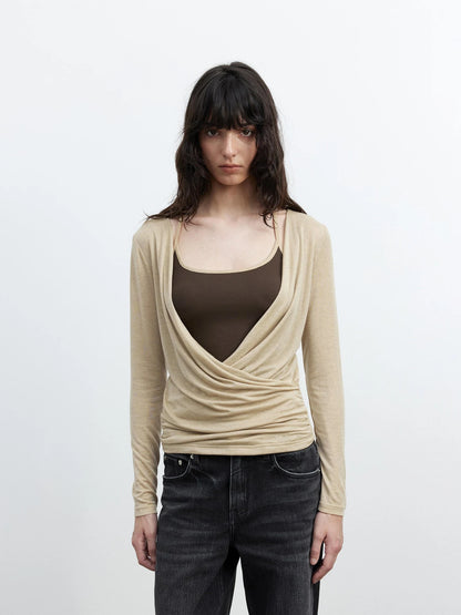 Fine Merino Wool Layered Neckline Long Sleeve Blouse