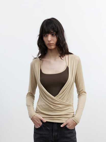 AFTADAWN Fine Merino Wool Layered Neckline Long Sleeve Blouse