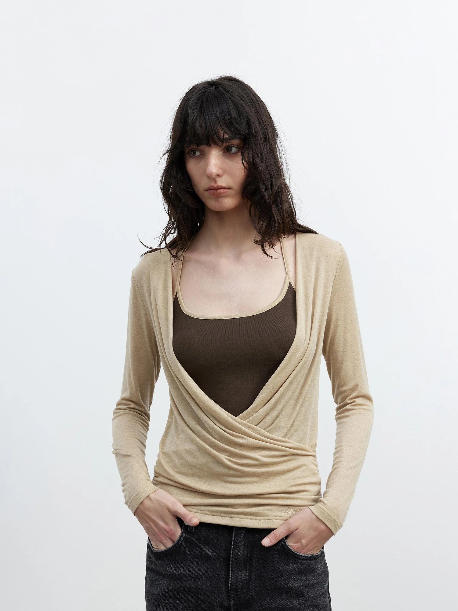 Fine Merino Wool Layered Neckline Long Sleeve Blouse