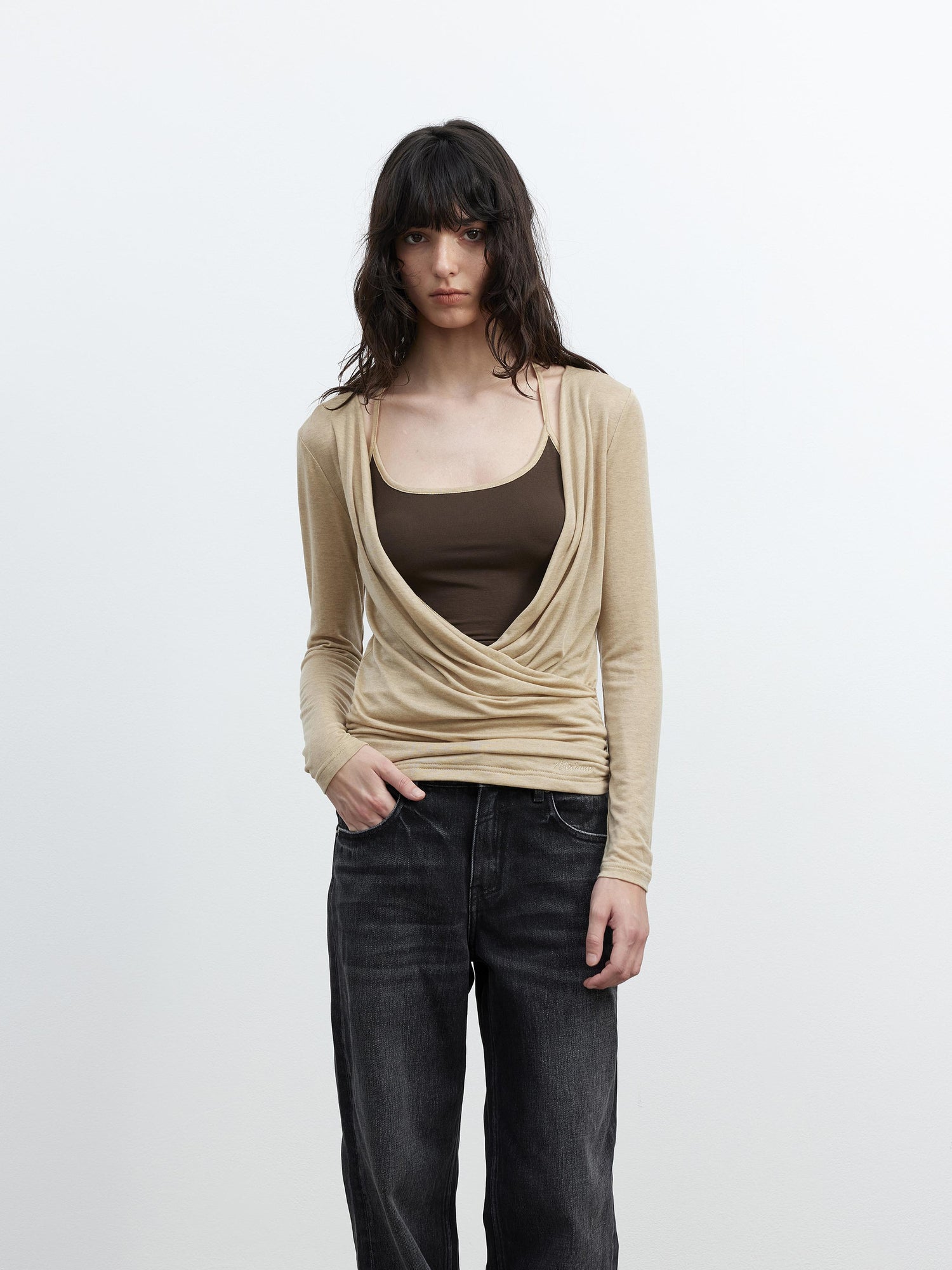 AFTADAWN Fine Merino Wool Layered Neckline Long Sleeve Blouse