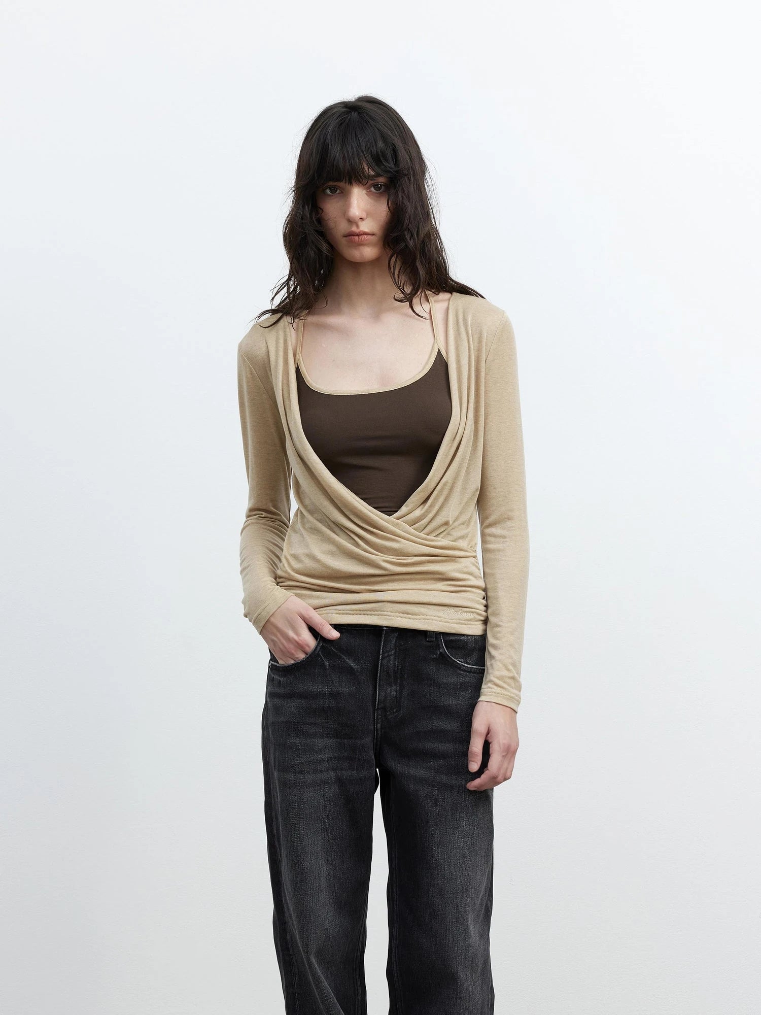 Fine Merino Wool Layered Neckline Long Sleeve Blouse
