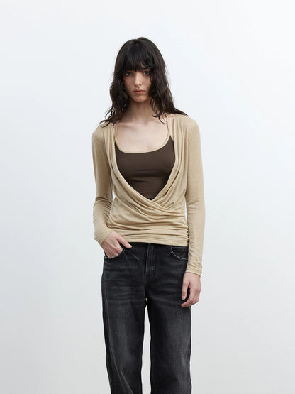 Fine Merino Wool Layered Neckline Long Sleeve Blouse