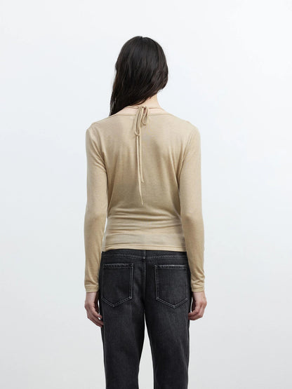 Fine Merino Wool Layered Neckline Long Sleeve Blouse