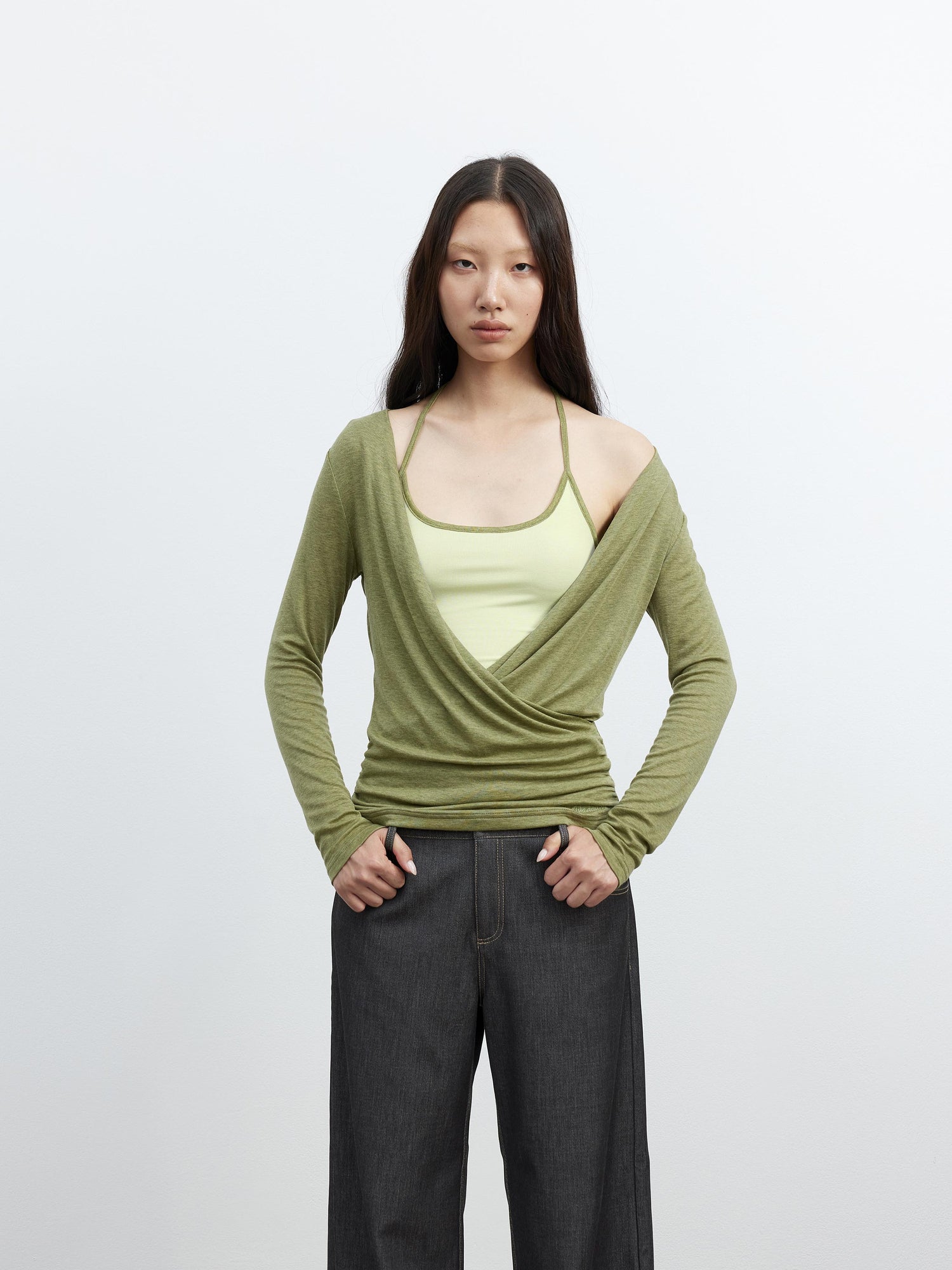 AFTADAWN Fine Merino Wool Layered Neckline Long Sleeve Blouse