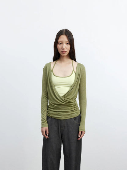 Fine Merino Wool Layered Neckline Long Sleeve Blouse