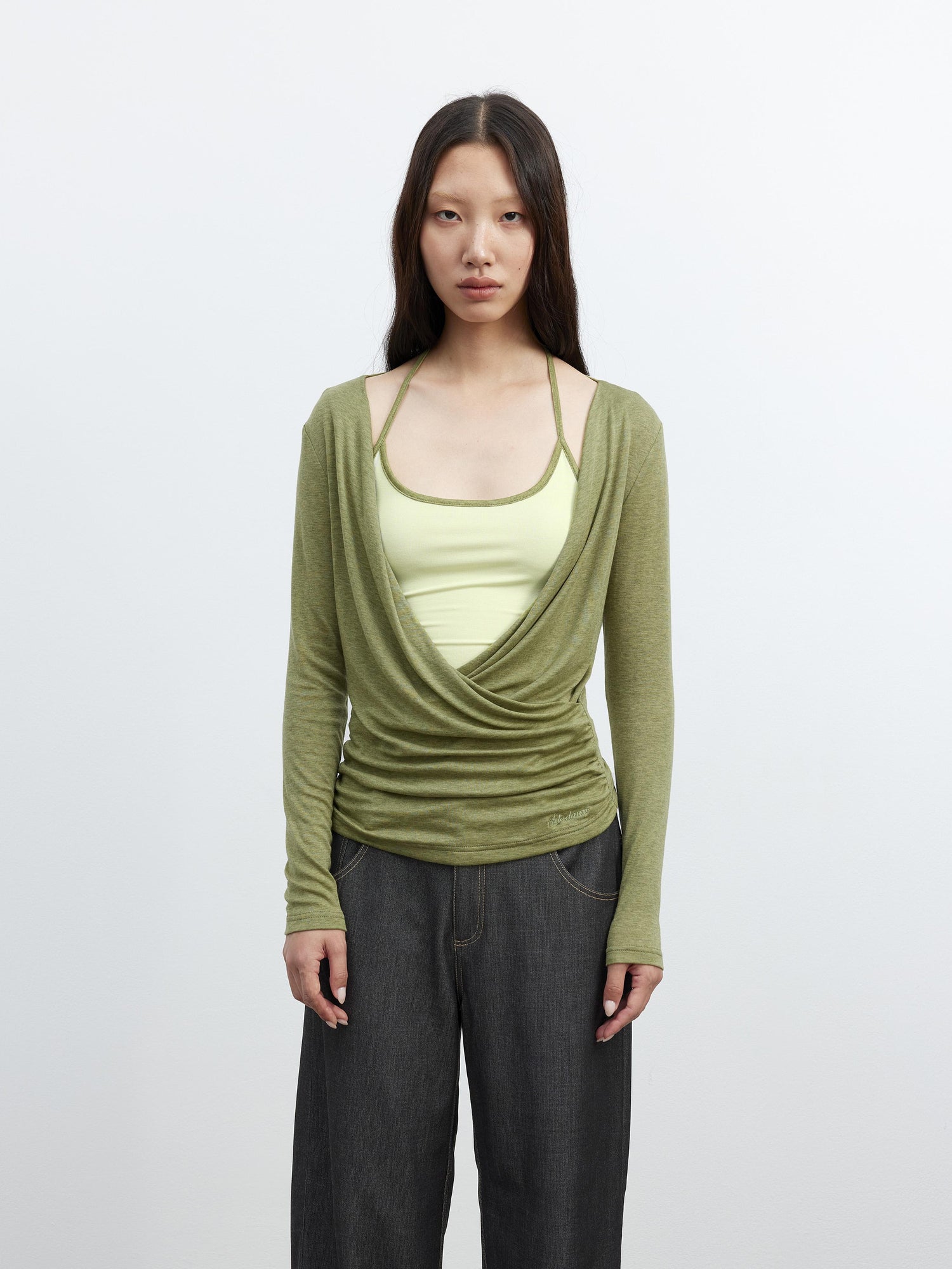 AFTADAWN Fine Merino Wool Layered Neckline Long Sleeve Blouse