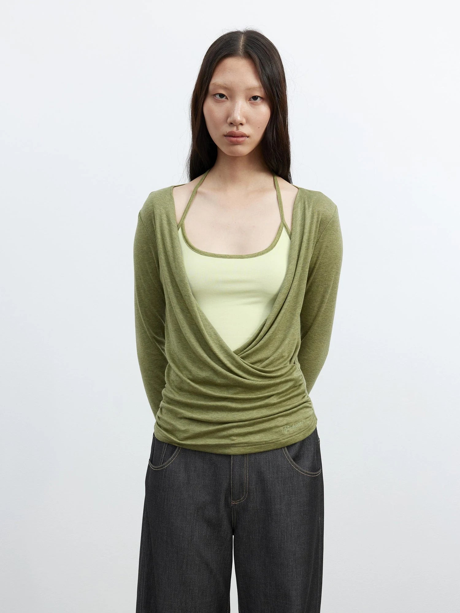 Fine Merino Wool Layered Neckline Long Sleeve Blouse