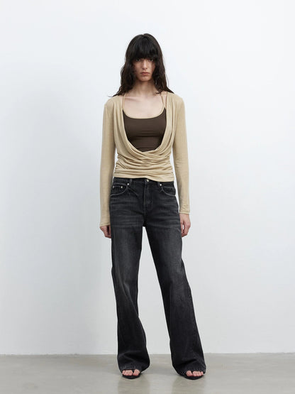 Fine Merino Wool Layered Neckline Long Sleeve Blouse