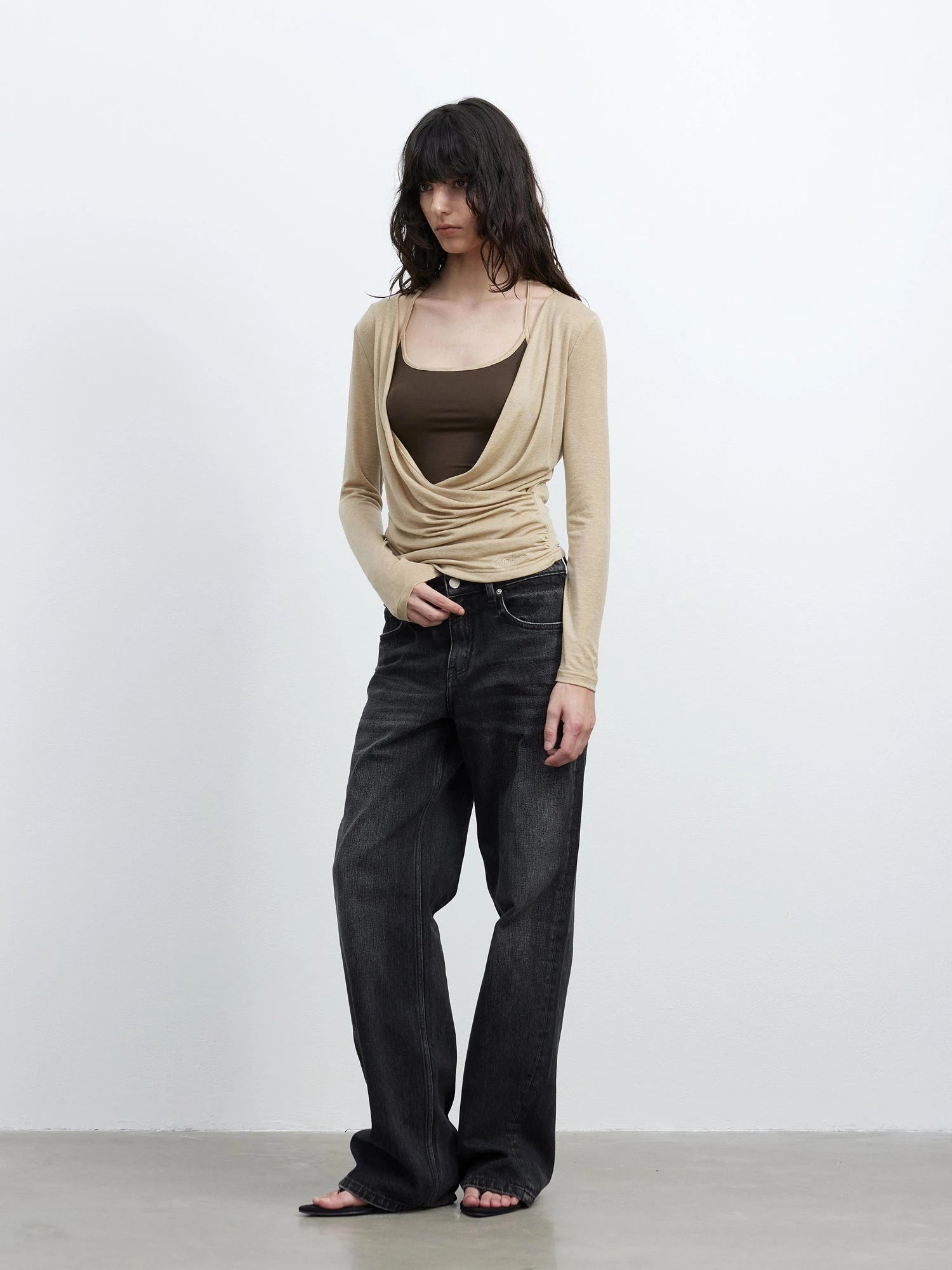 Fine Merino Wool Layered Neckline Long Sleeve Blouse