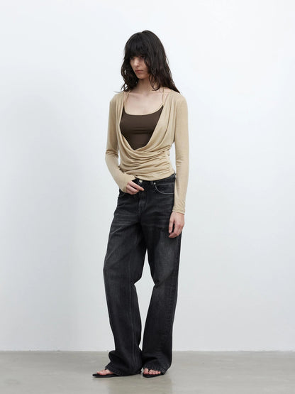 Fine Merino Wool Layered Neckline Long Sleeve Blouse