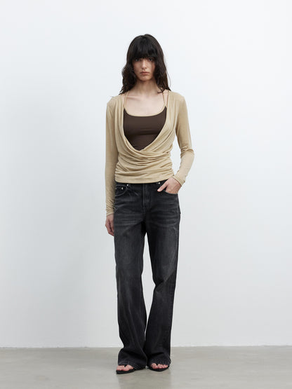 AFTADAWN Fine Merino Wool Layered Neckline Long Sleeve Blouse