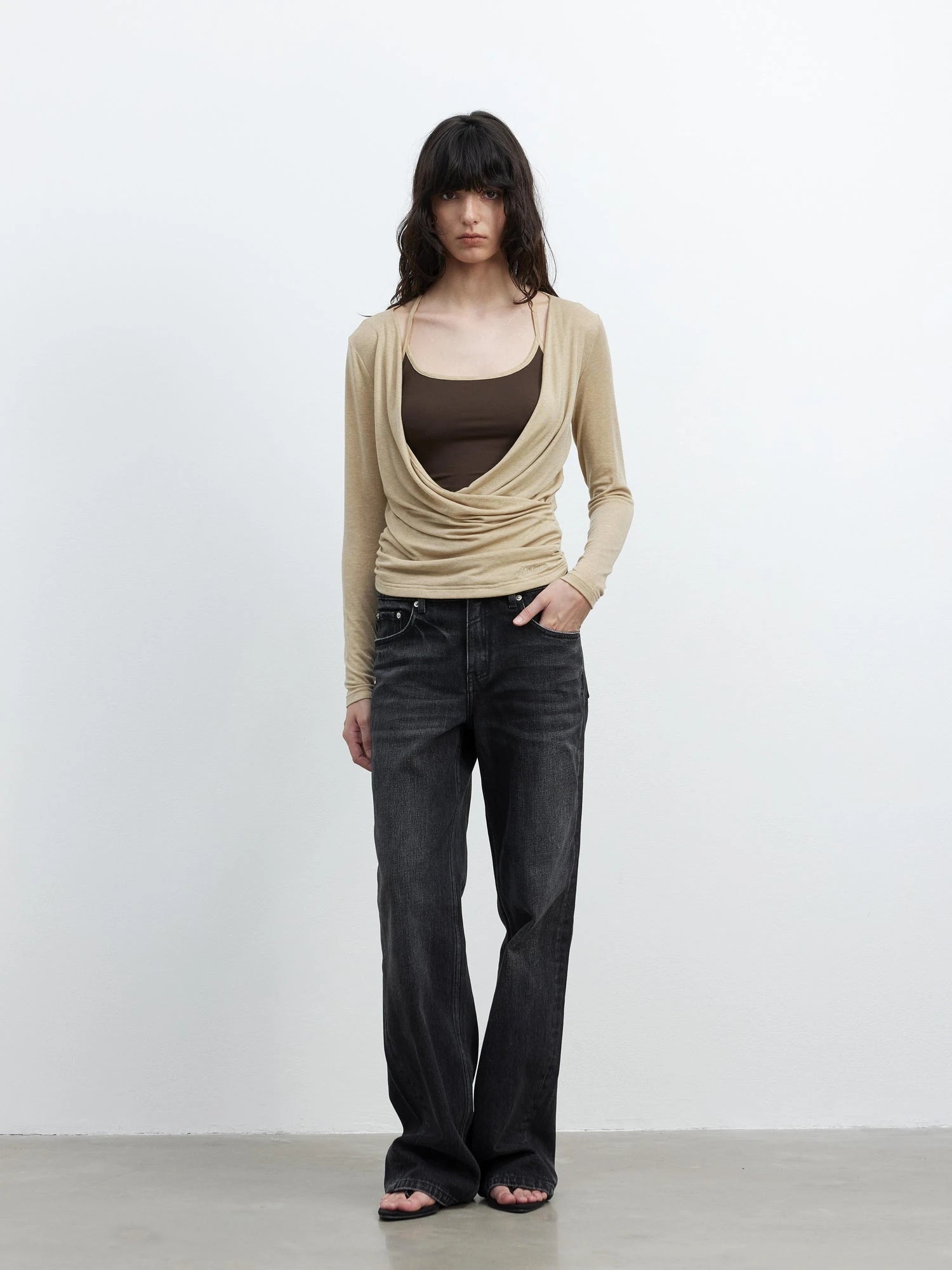 Fine Merino Wool Layered Neckline Long Sleeve Blouse