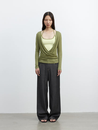 AFTADAWN Fine Merino Wool Layered Neckline Long Sleeve Blouse