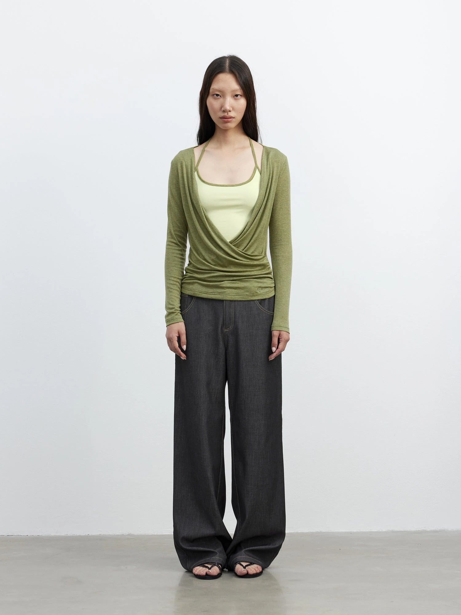 Fine Merino Wool Layered Neckline Long Sleeve Blouse